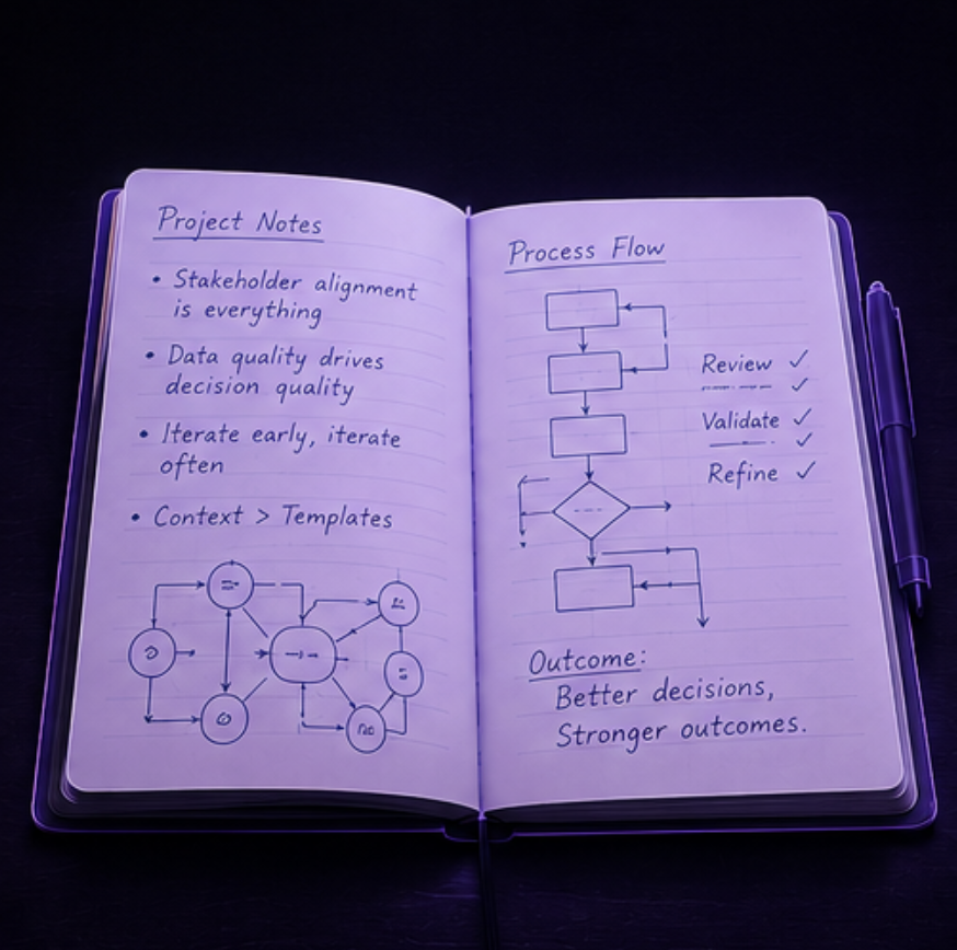 Open notebook showing project notes and process flow, with a purple pen clipped to the notebook's right side.
