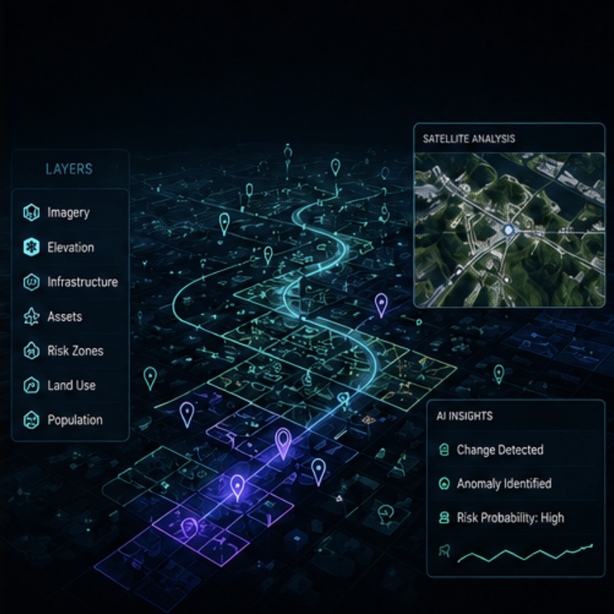 A digital map display showing satellite analysis and AI insights for a city, with layers including imagery, elevation, infrastructure, assets, risk zones, land use, and population.