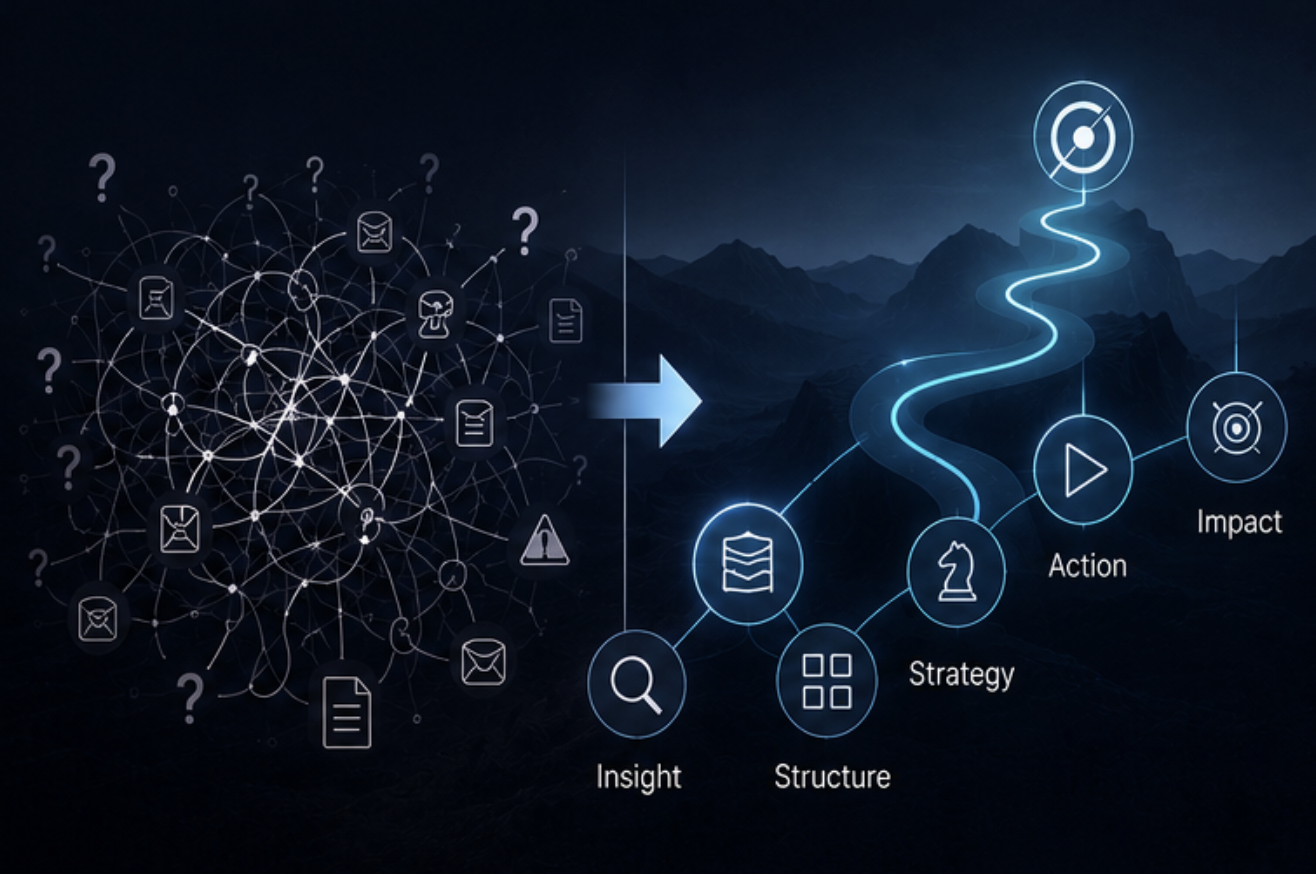 Diagram illustrating a transformation from complex data and questions on the left to a structured, strategic approach on the right, involving insight, strategy, action, and impact.