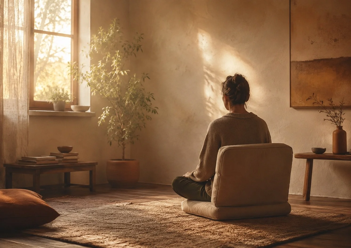 Woman sitting in meditation chair in a calm room light entering through window.