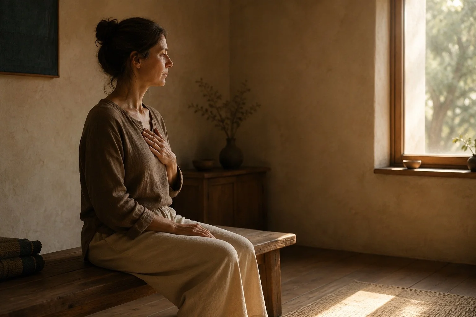A person seated quietly in warm natural light, pausing with one hand near the chest after becoming aware of an inner pattern.
