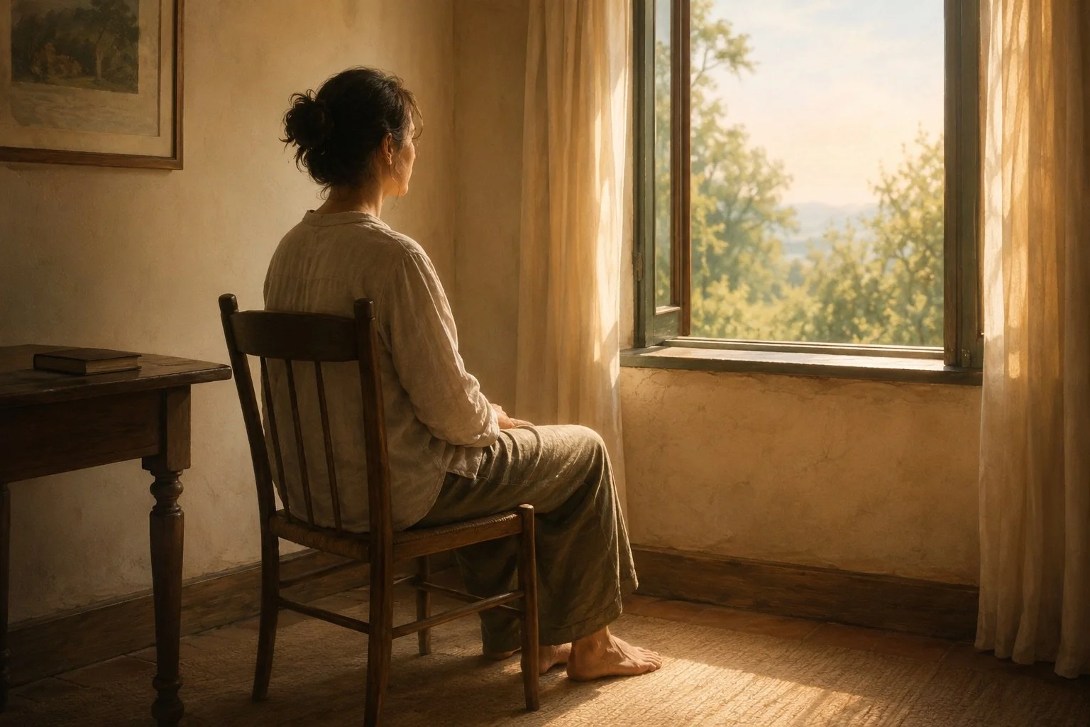 A solitary person seated in warm morning light, representing a simple and sincere spiritual practice