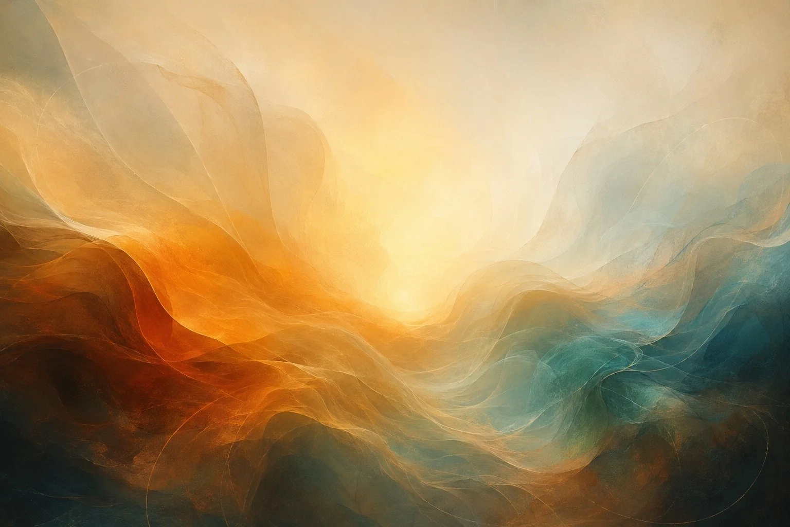Flowing amber and teal forms meeting within a luminous abstract field, symbolizing conscious awareness reaching a deeper repeating pattern.