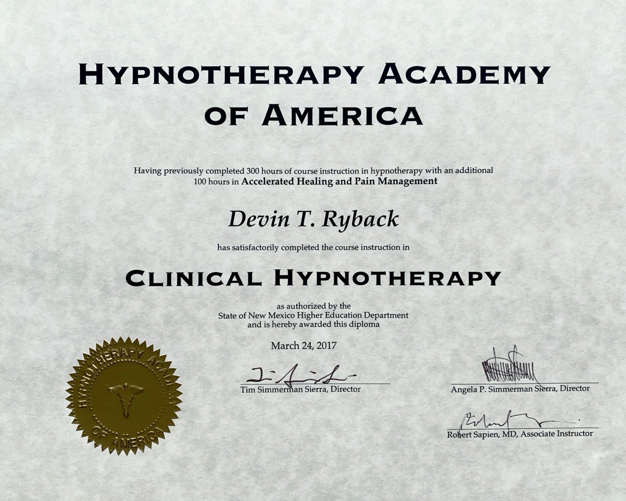 Certificate from Hypnotherapy Academy of America awarded to Devin Ryback for completing 400 hours of training in Clinical Hypnotherapy, dated March 24, 2017, with signatures of directors and gold seal.