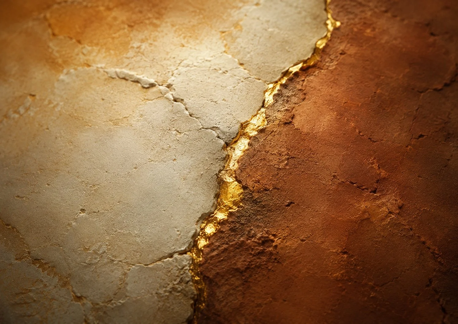 Close view of two textured forms joined by a narrow golden seam.