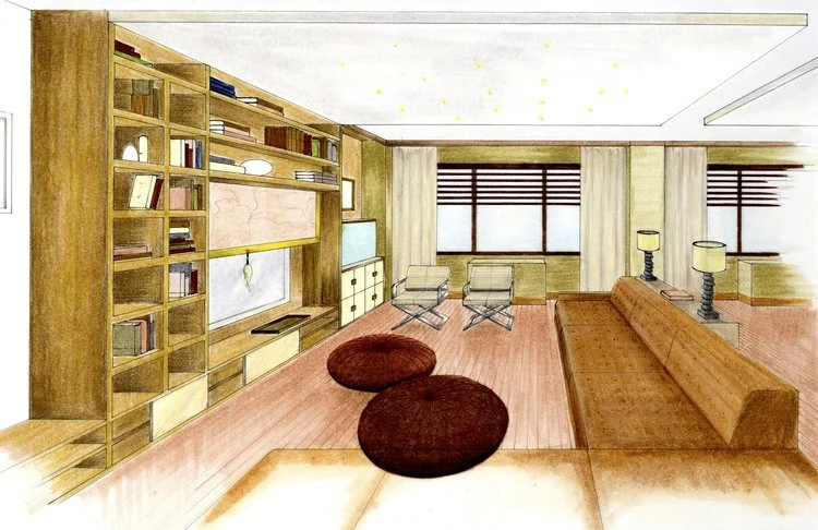 Illustration of a spacious living room with a large wooden bookshelf, two chairs near the window, a long leather sofa, and two round poufs on a wooden floor, with large windows and curtains.