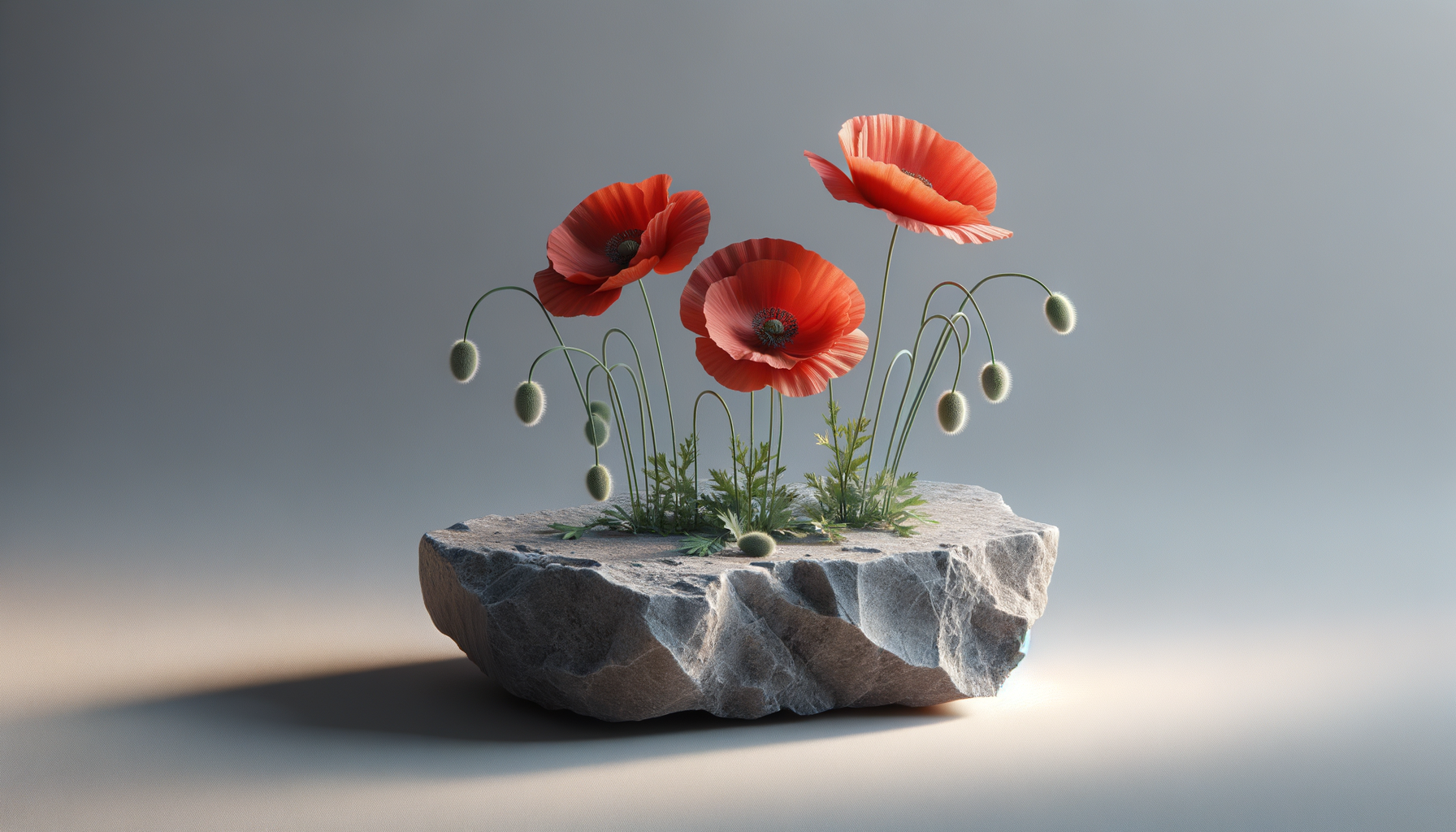 Trois fleurs de coquelicot rouges avec boutons floraux encore verts, plantées dans une roche plate, sur un fond gris pâle