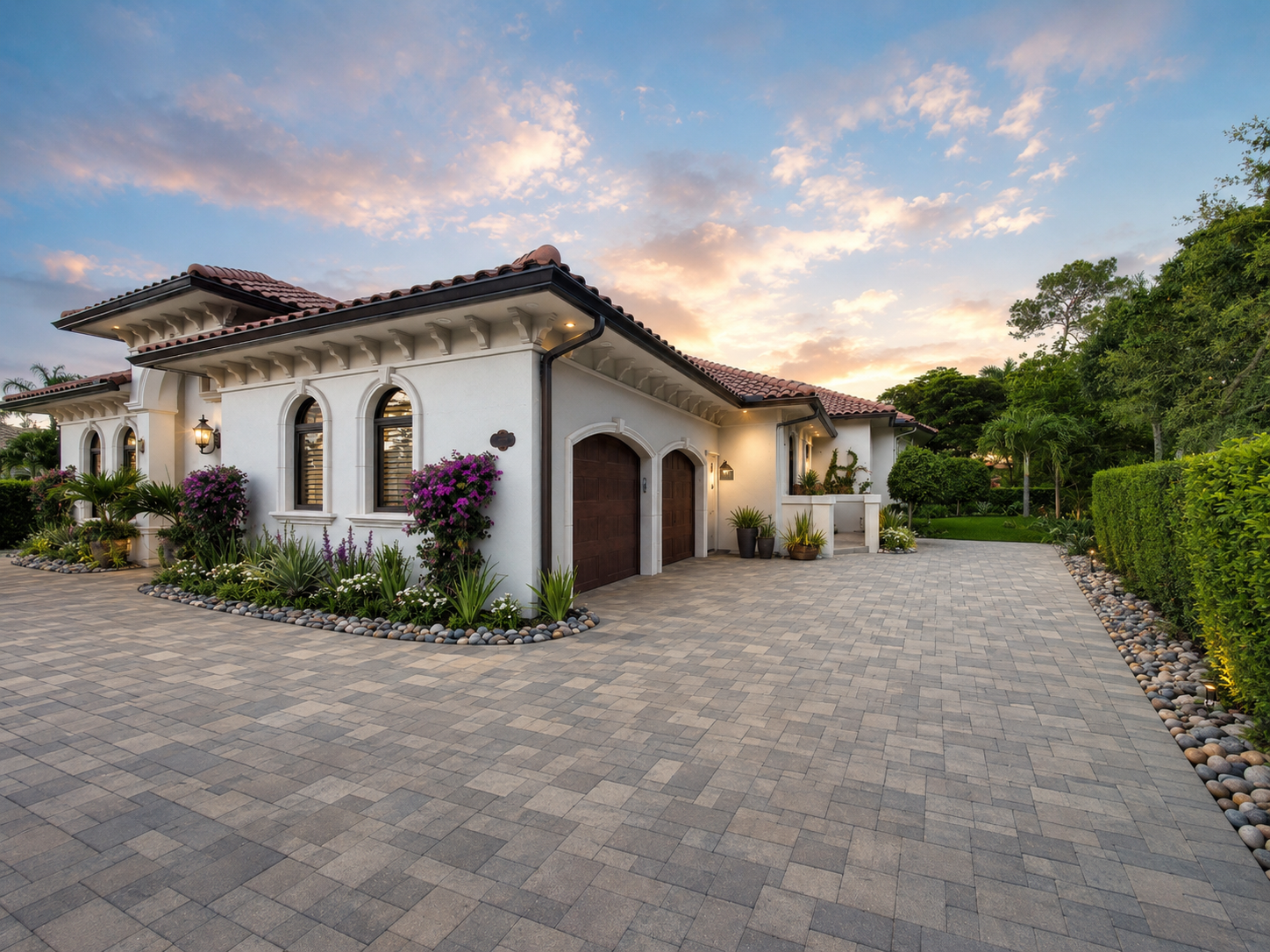 A Mediterranean style house with a white exterior, brown garage doors, and a red tiled roof. The landscape includes colorful flowering plants, potted plants, and a neatly paved driveway. Trees and greenery surround the house with a sunset sky above.