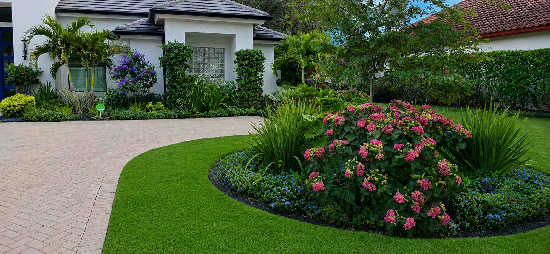 A well-maintained front yard garden with a curved brick pathway, green grass, pink flowering bushes, and various lush green plants, with a house in the background.