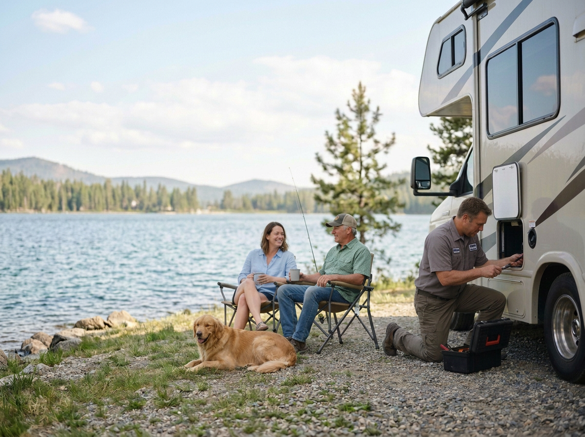 A couple sitting by a lake with a dog, while a man works on a motorhome.