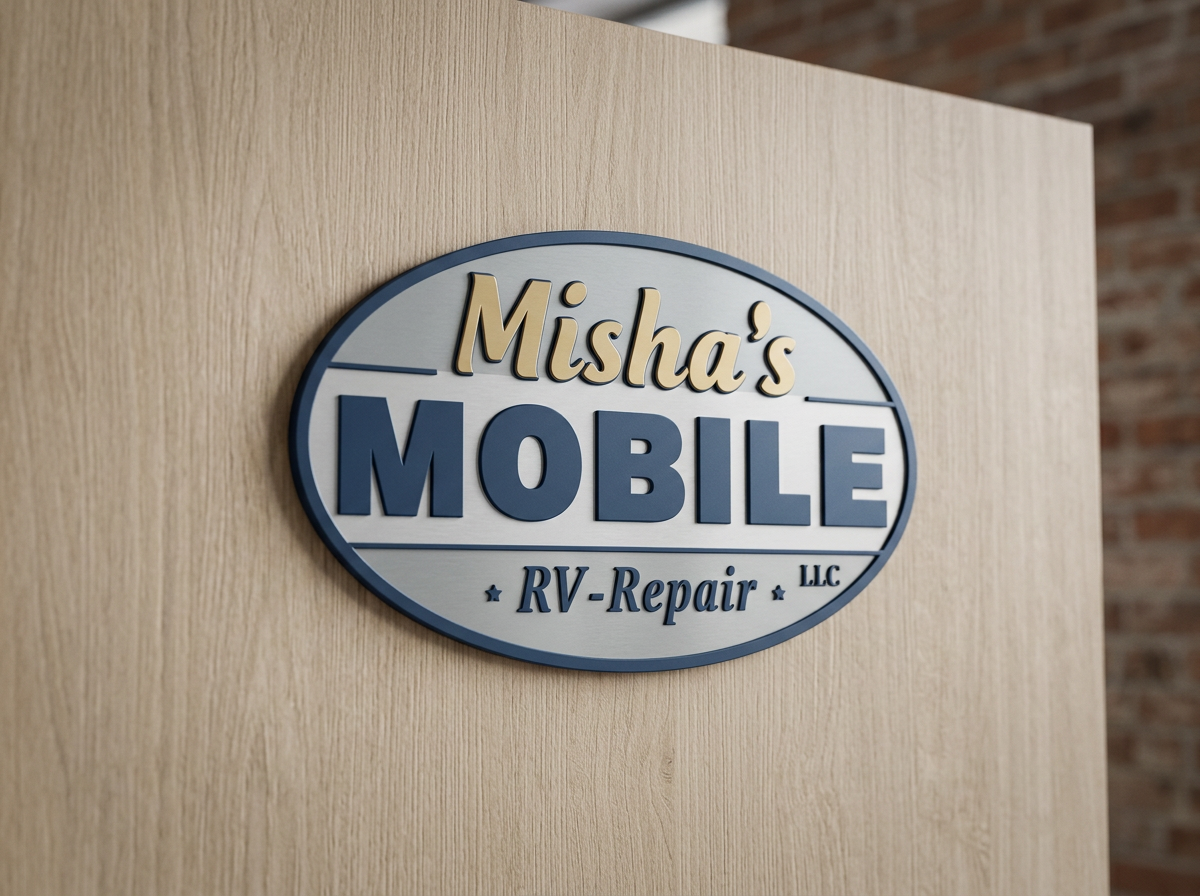 Sign for Misha's Mobile RV Repair LLC attached to a wooden partition, with a brick wall in the background.