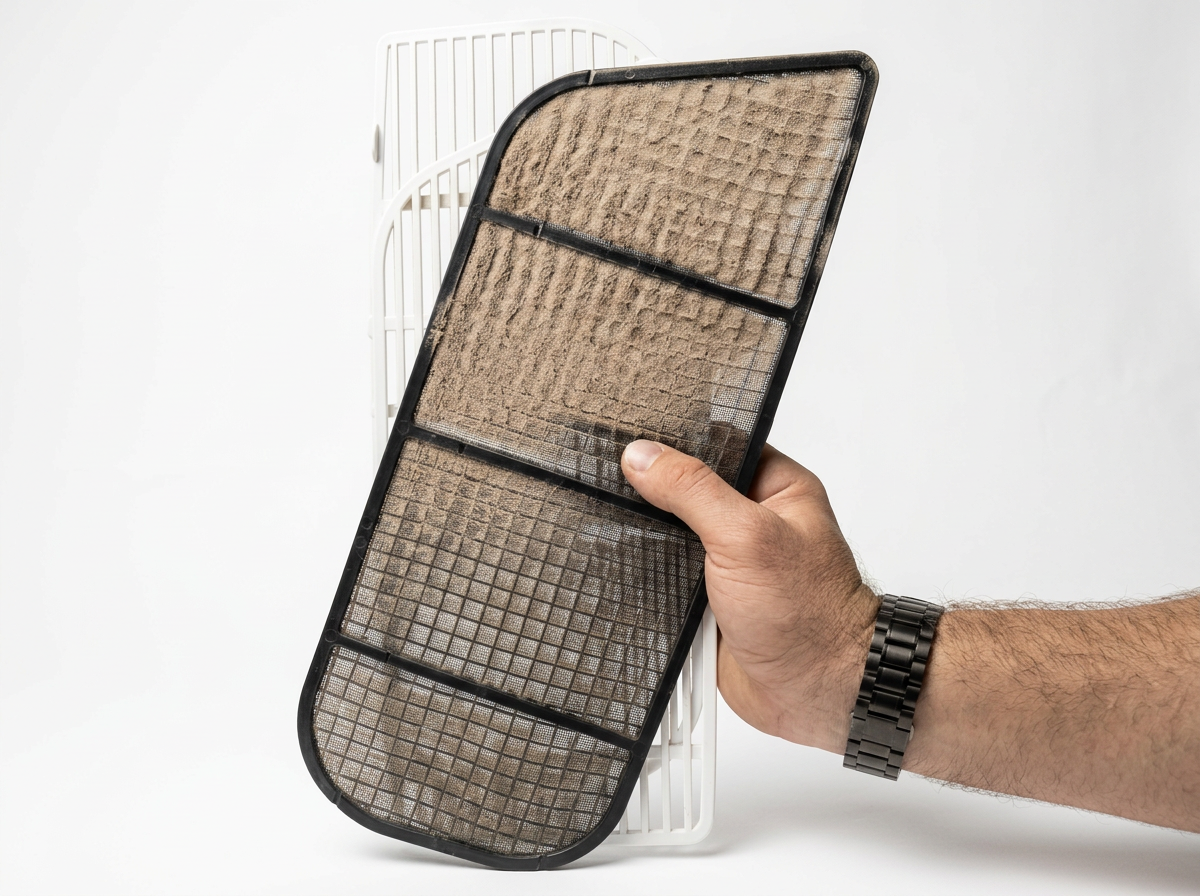 A person holding a black mesh upholstery cleaning tool with a handle, with a white plastic grid behind it.