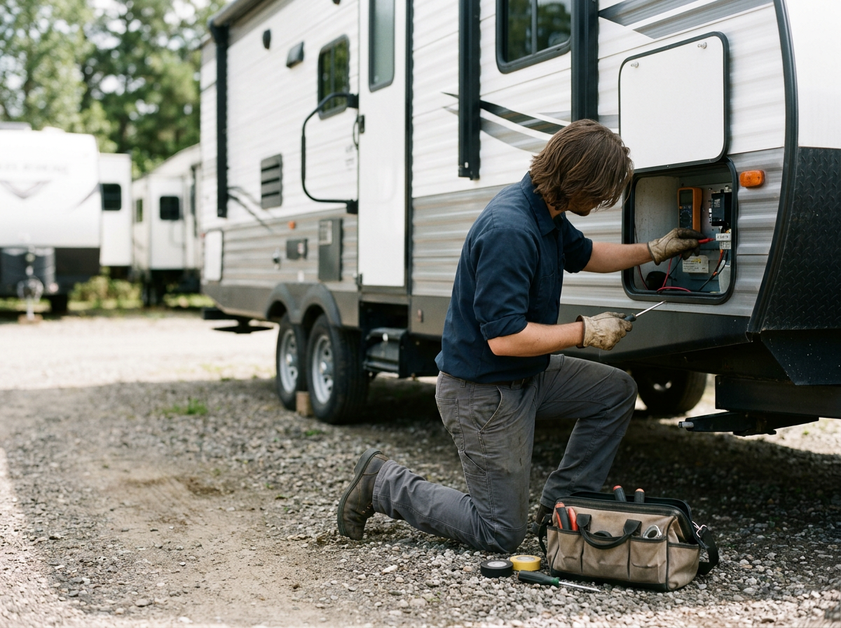 A person kneeling outside an RV, working on its electrical panel with tools and a toolbox nearby.