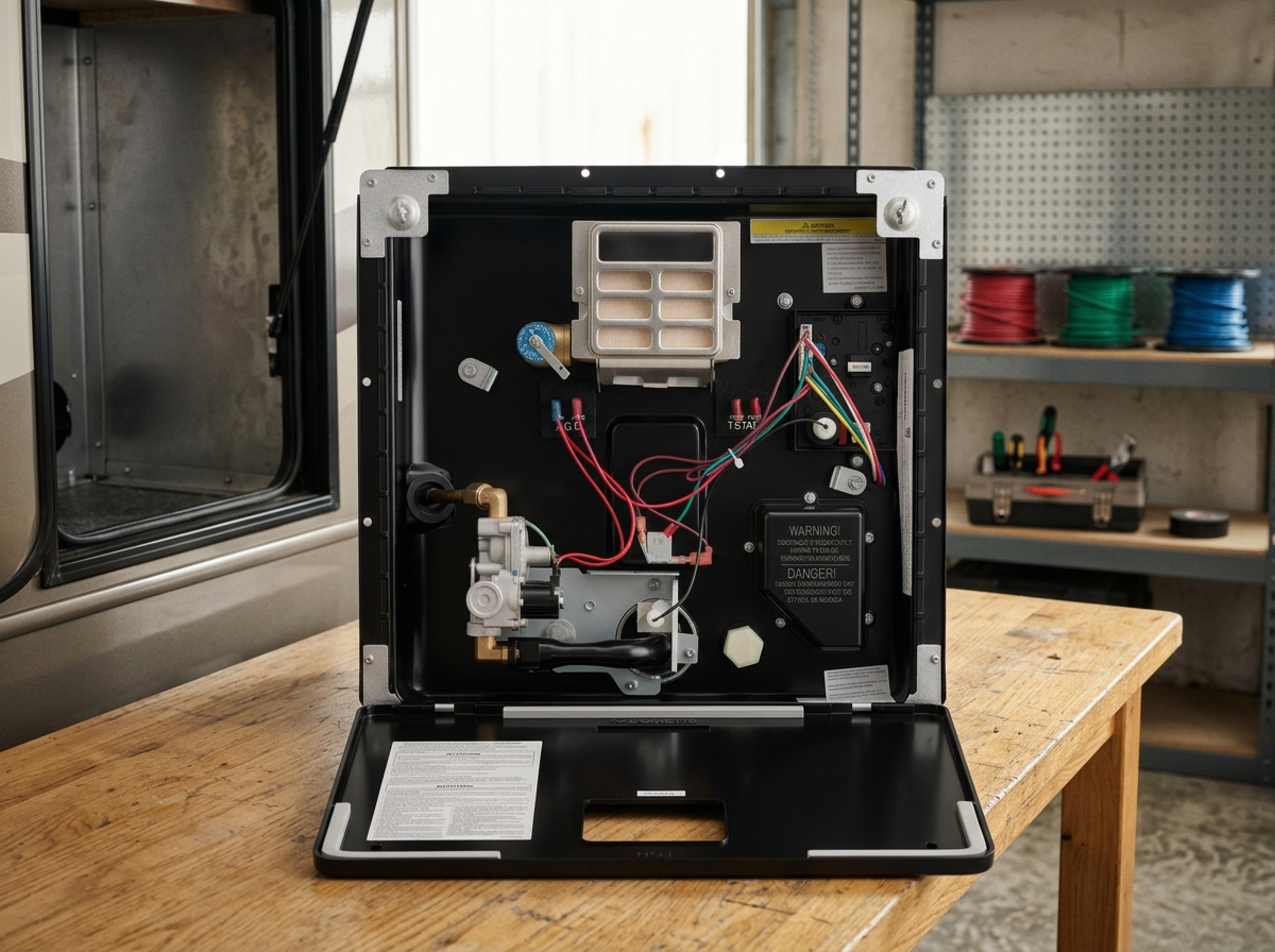 Open vending machine with internal wiring and components visible on a wooden table in a workshop.