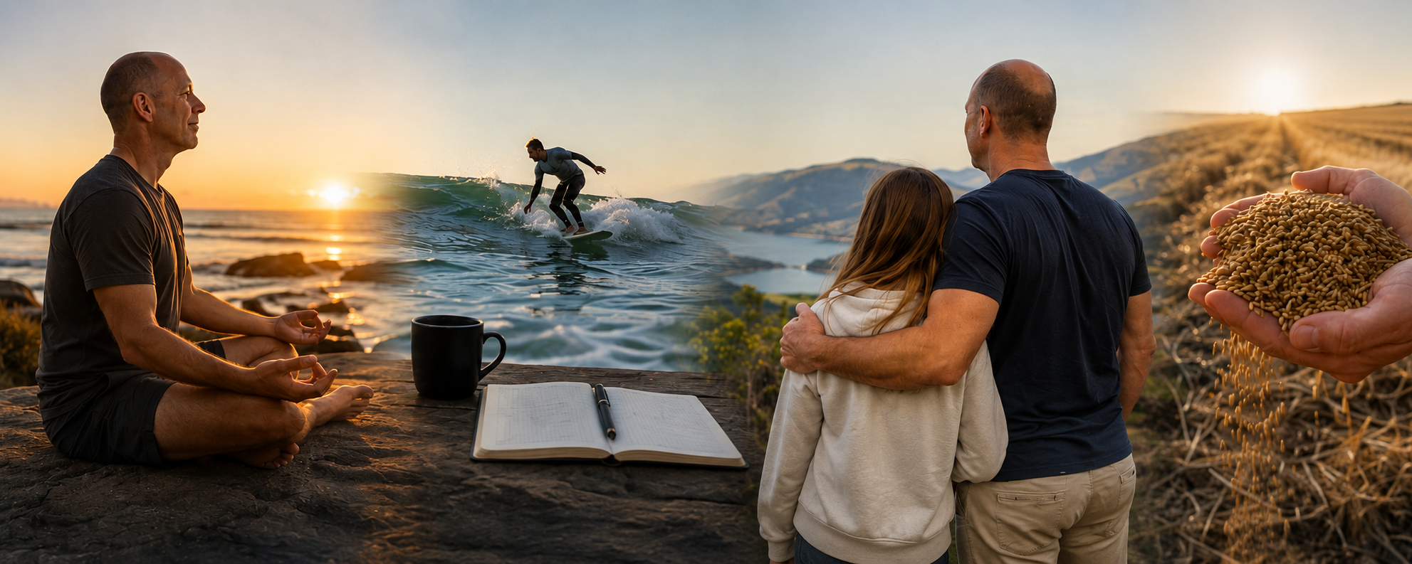 A montage of people engaging in outdoor activities and moments. On the left, a man meditates on a rock at sunset by the ocean. In the center, a man surfs on a wave during sunset. On the right, a couple embraces while overlooking a scenic landscape at sunset. A hand in the foreground holds a handful of sesame seeds, with dry fields and hills in the background.