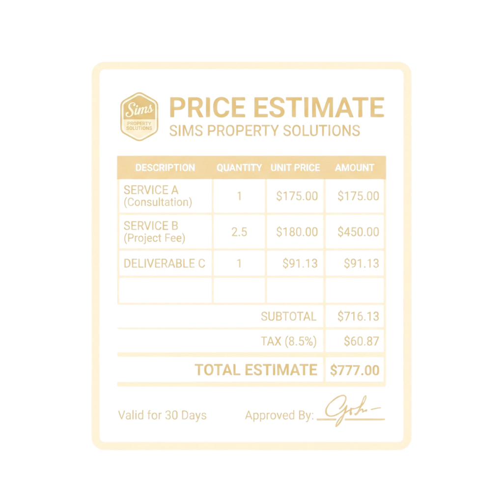 A digital screenshot of a property price estimate for a service, showing descriptions, quantities, unit prices, amounts, subtotal, tax, and total estimate, with a logo in the top left corner that reads "Sims Property Solutions."