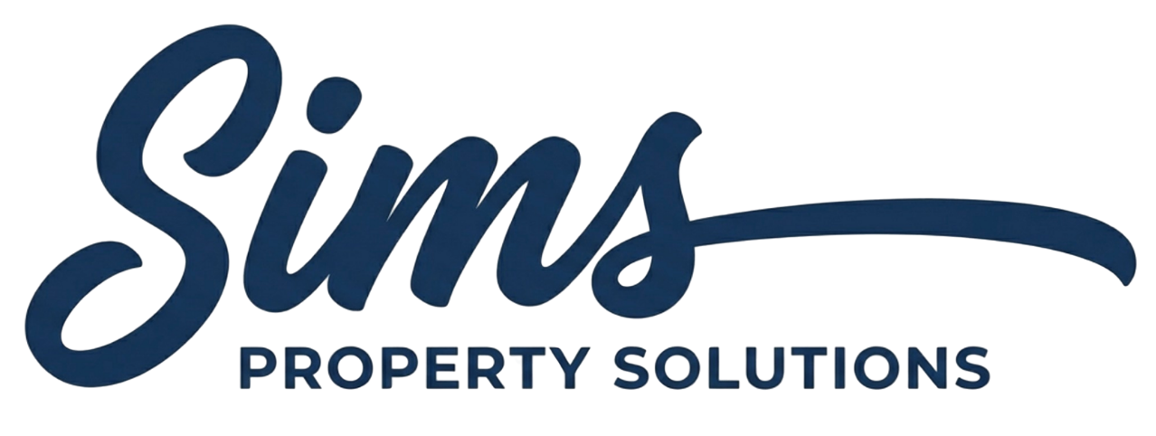 The logo for Sims Property Solutions featuring the word 'Sims' in large, dark blue script font with a red underline and 'Property Solutions' in smaller block letters below.