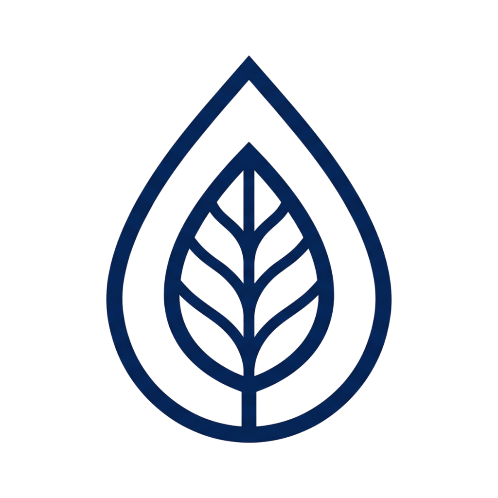 A stylized blue leaf-shaped emblem with intricate cutouts against a black background.