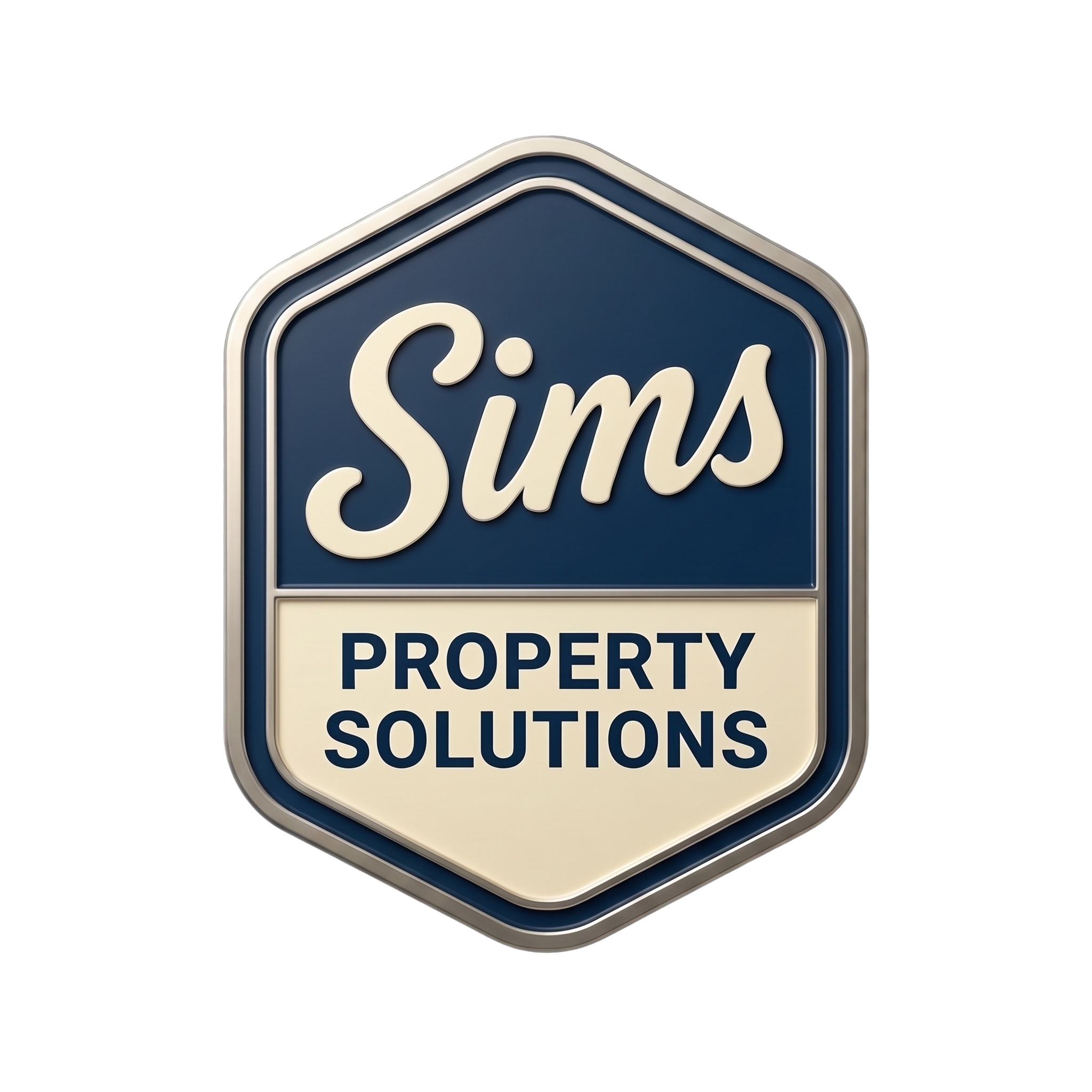 Close-up of a sign with blue background and white text that says 'Property Solutions'.