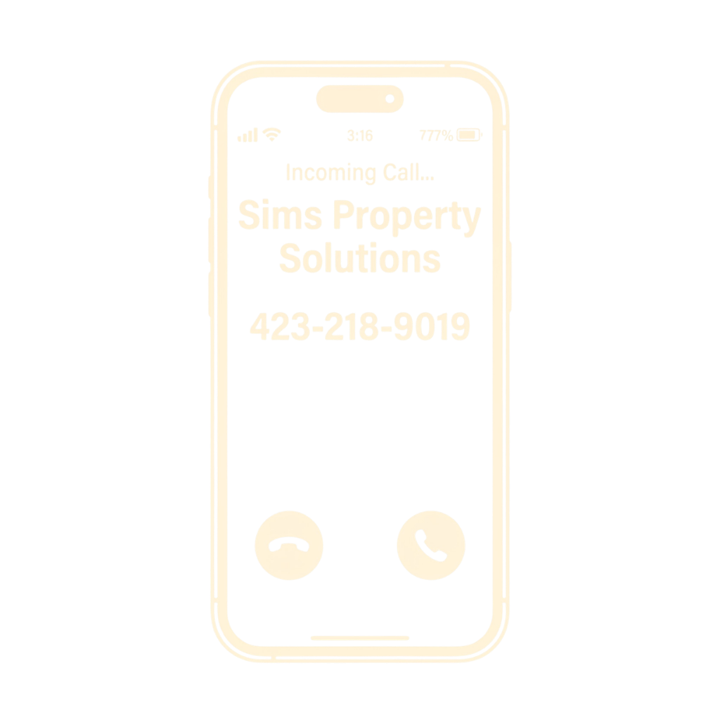 Outline of a smartphone screen showing an incoming call from 'Sims Property Solutions' with the phone number 423-218-9019, and two call action buttons at the bottom.