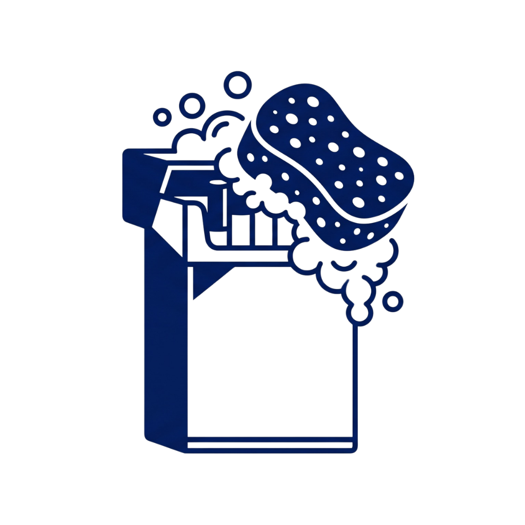 A stylized drawing of a washing machine with soap bubbles and a sponge above it.