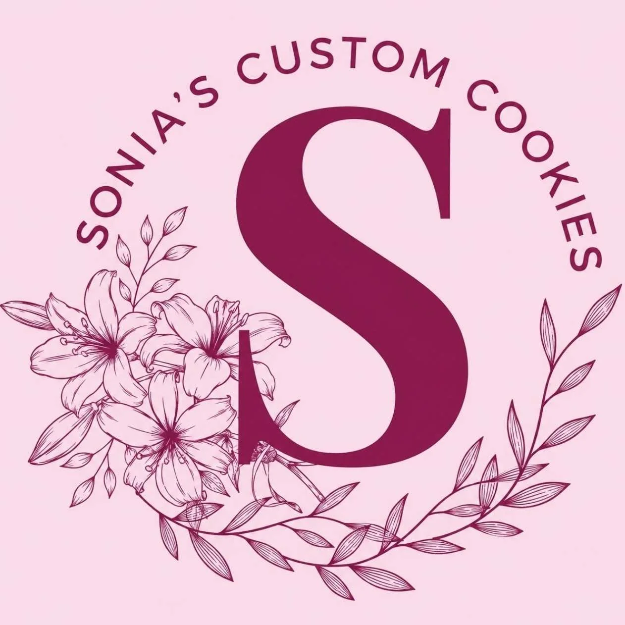 Logo for Sonia's Custom Cookies featuring the large letter S surrounded by floral illustrations on a pink background.