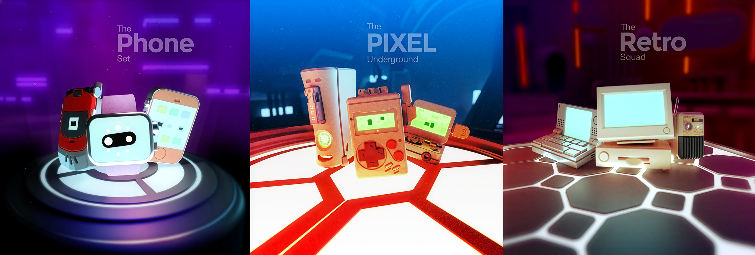 Marketing image of cute 3D modelled devices, staged ready for a head to head cyber security battle in the game inCyt. Modeled in fusion 360 and rendered in Arnold.