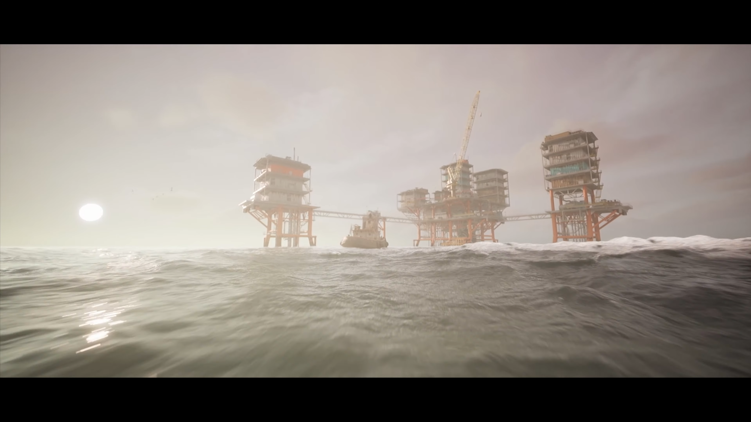 Still image from the Warped Universe cinematic showing the Celedon ocean station. Rendered in Unreal.