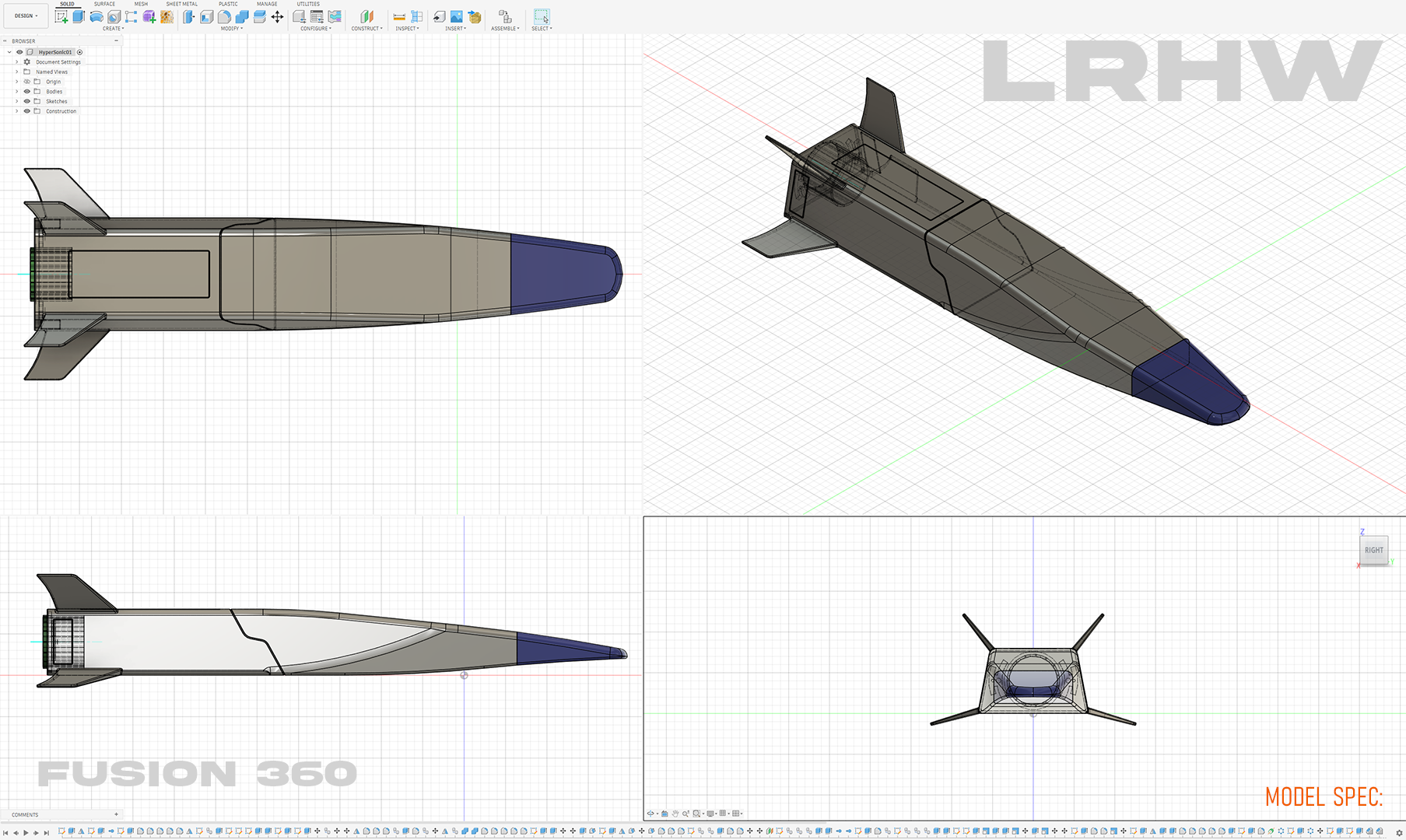 Fusion 360 CAD images of a Long Range Hypersonic Weapon being created.