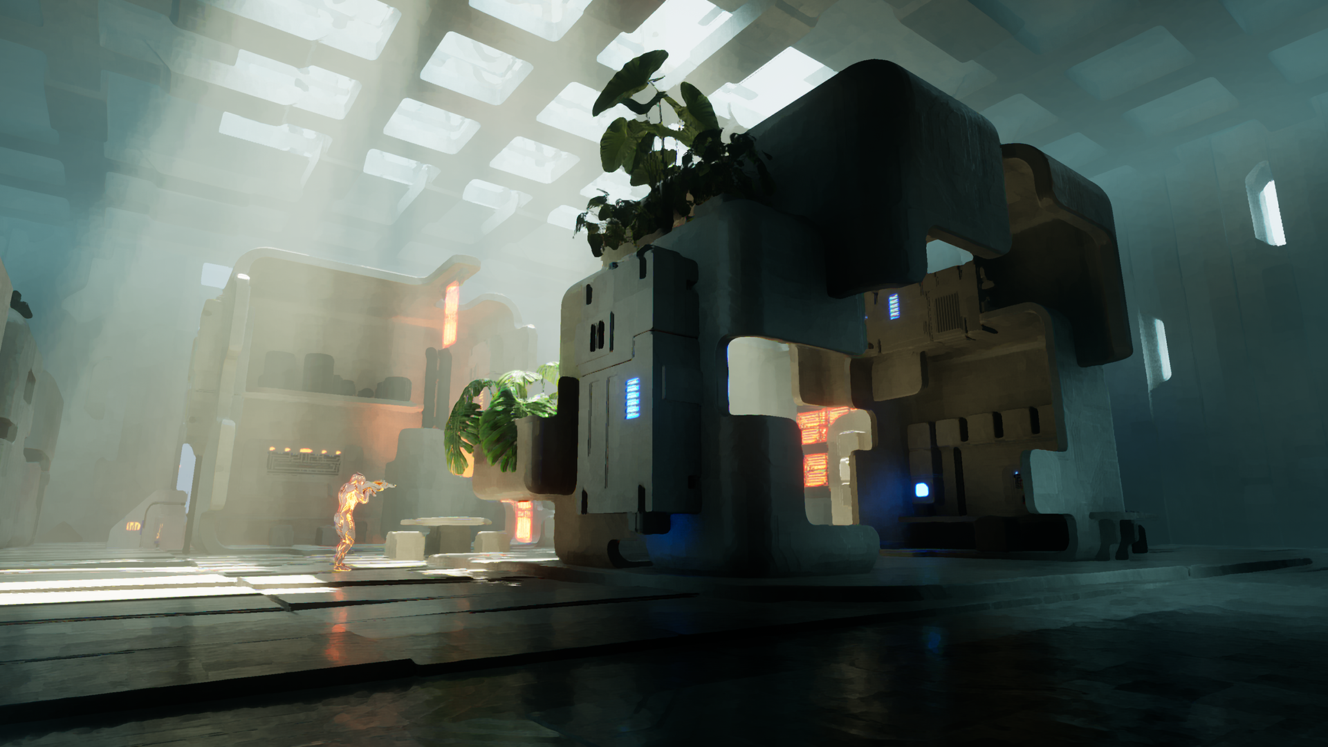 A futuristic interior with large geometric structures, green plants, and glowing lights, featuring a humanoid figure in the foreground.