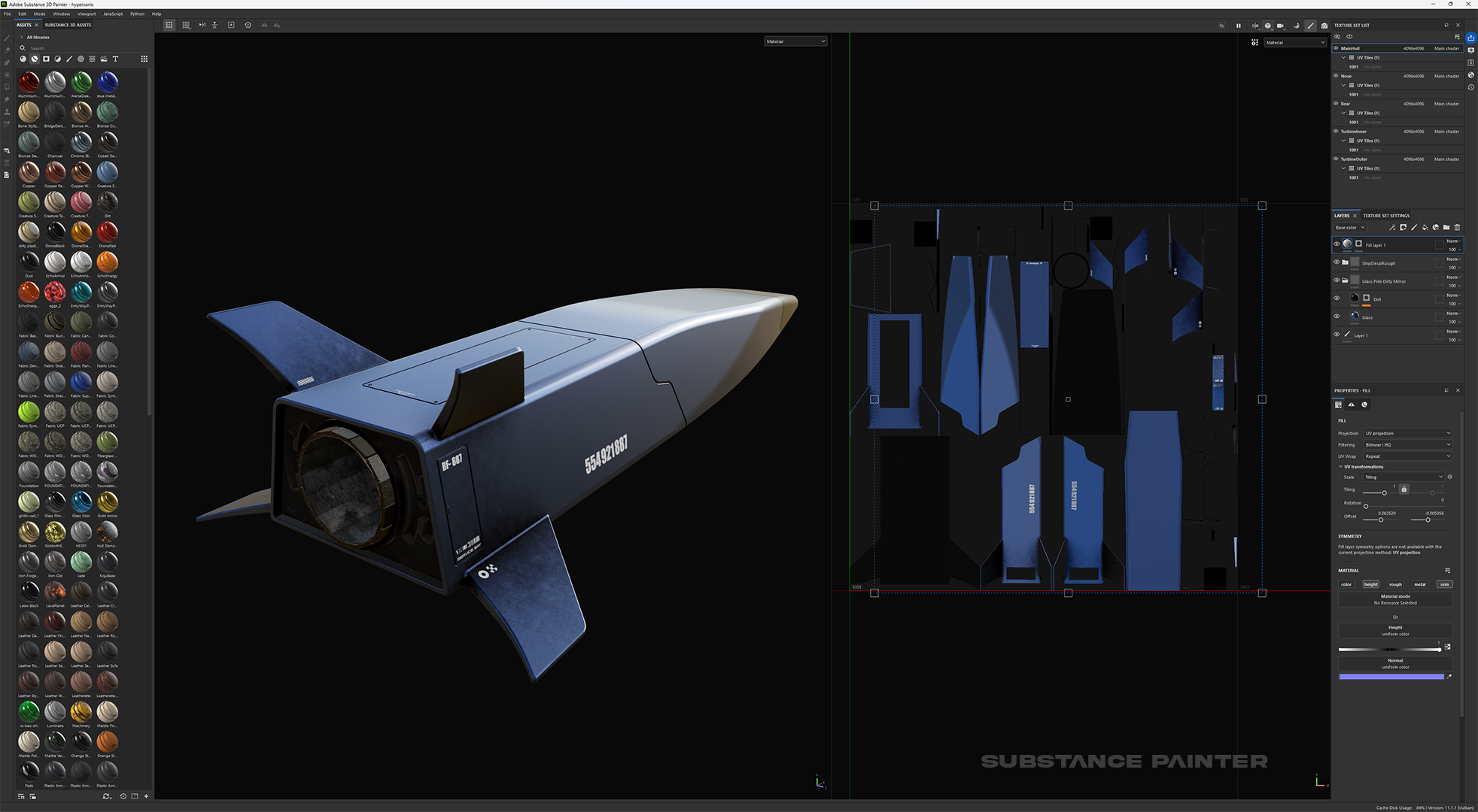 Substance Painter work screen of a Long Range Hypersonic Weapon being created.