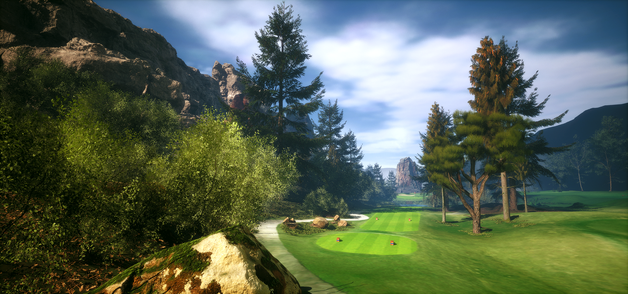 Three quarter view of a lush green golf course. Terrain captured with Lidar data and rendered in Unreal 5.0