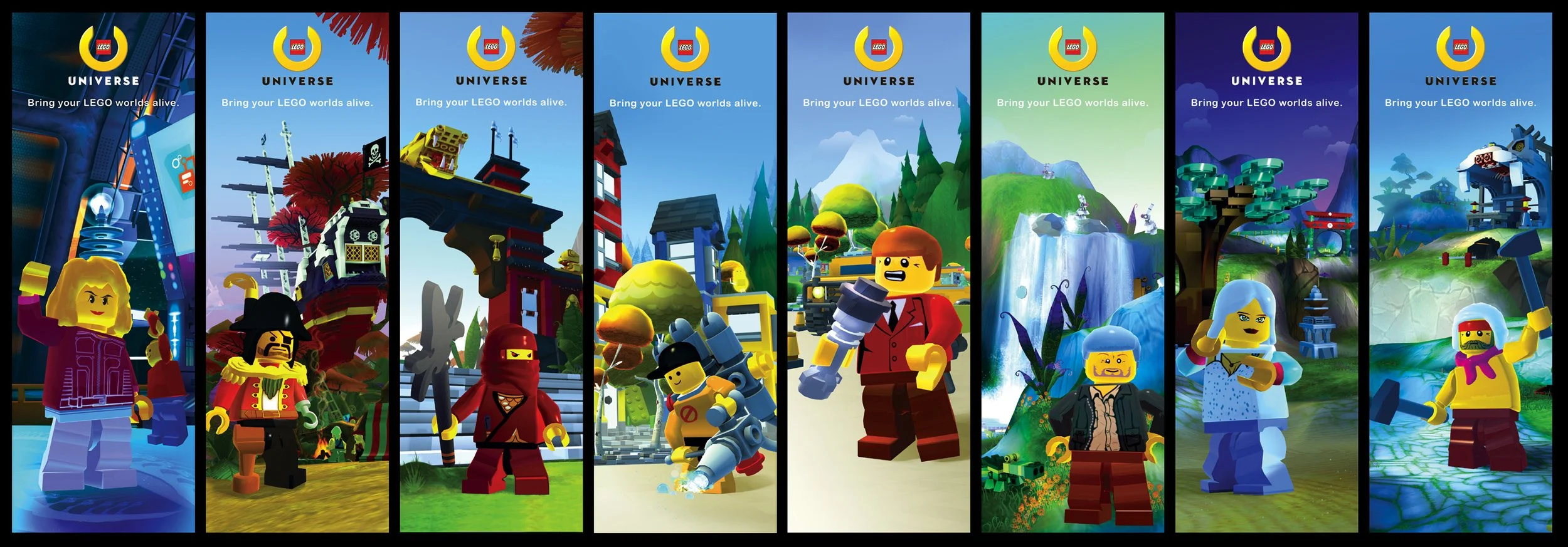 Promotional banners for Lego Universe depicting player roles.