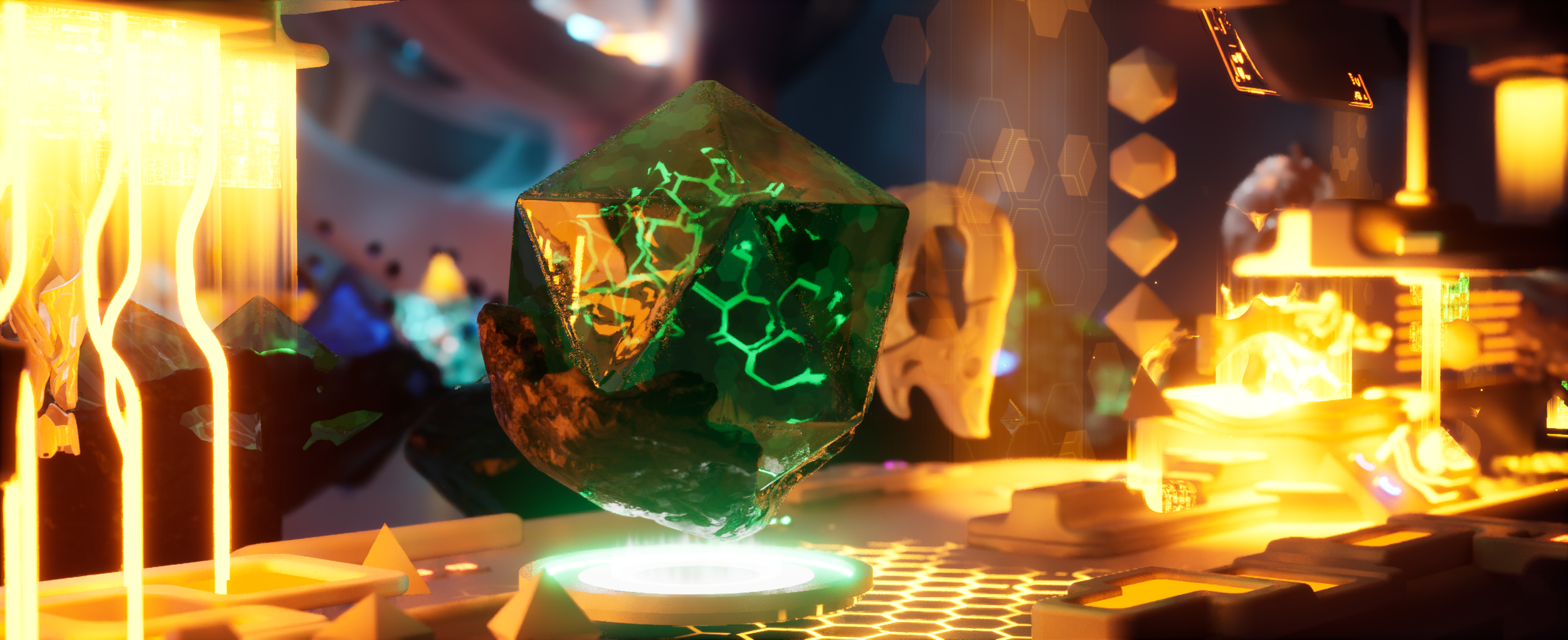 A futuristic digital scene featuring a glowing, holographic green cube with hexagonal patterns, surrounded by neon lights, holograms, and technological elements in a high-tech environment.