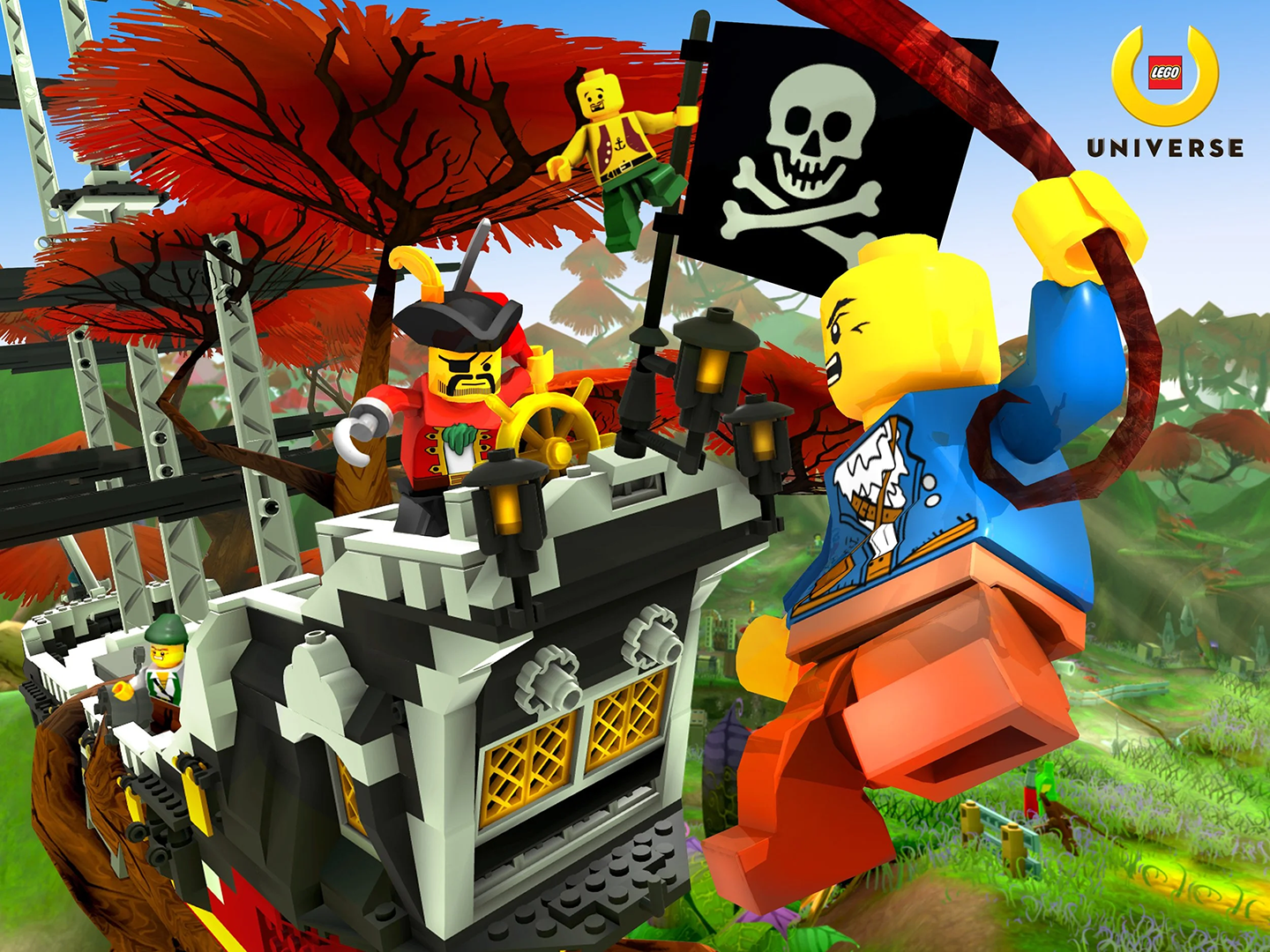 LEGO minifigs battling on a pirate ship that is entangled by a tree. Captured in game footage from LEGO Universe set up for marketing content.