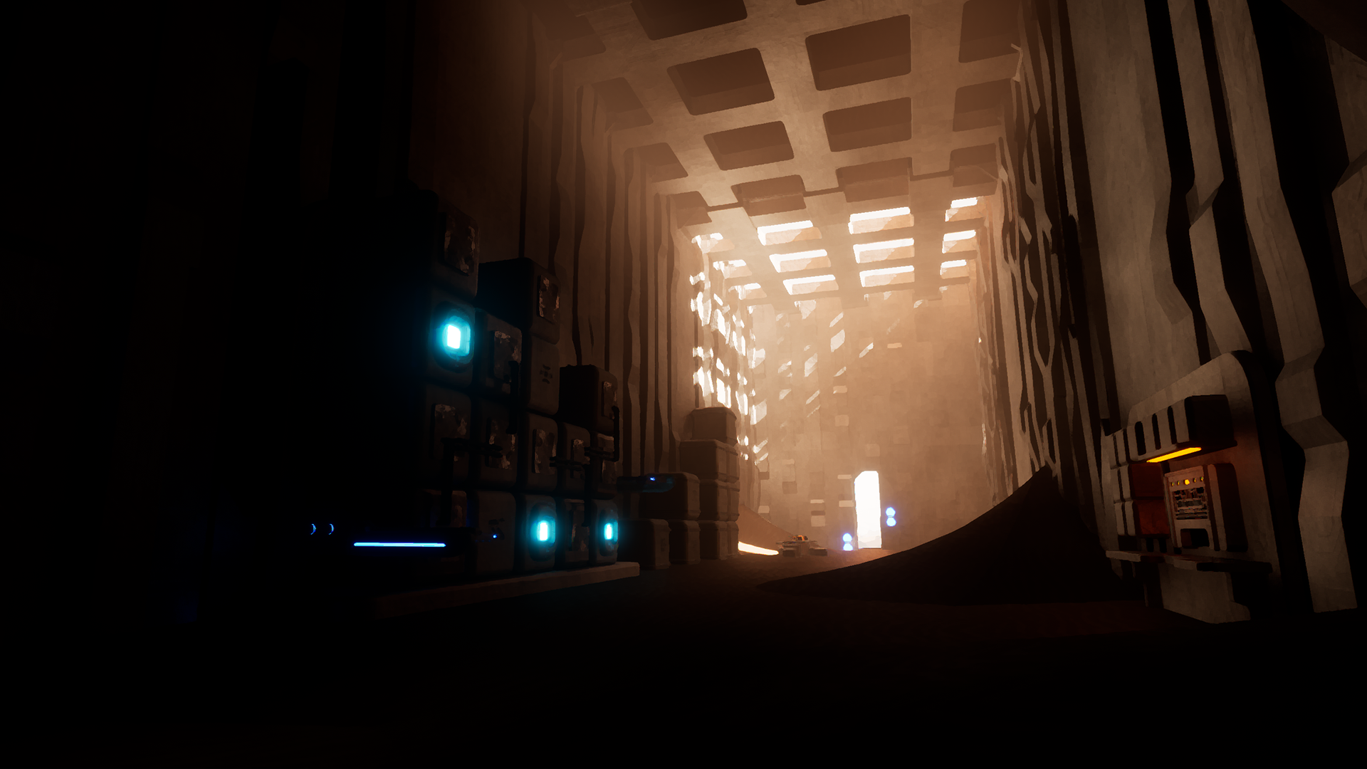 Large empty facility space, with dramatic ceiling light. Ground covered in a sand. Models created in Fusion 360, Blender and Unreal 5.0