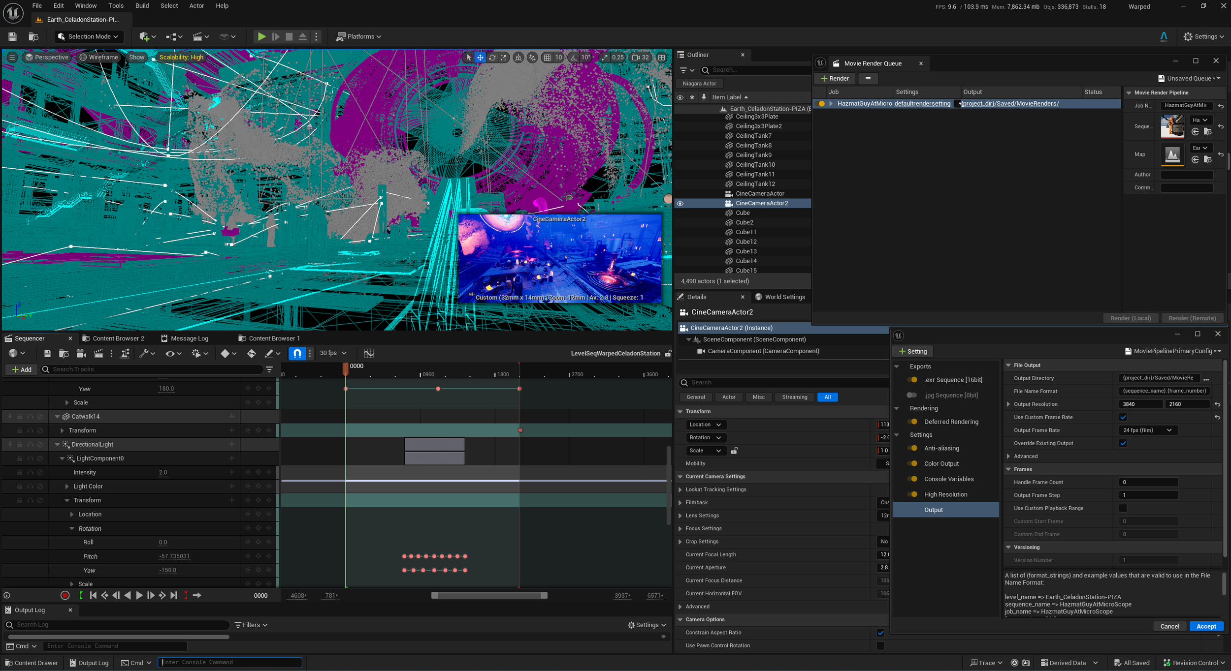 Unreal sequencer layout screen shot of the portal animation.