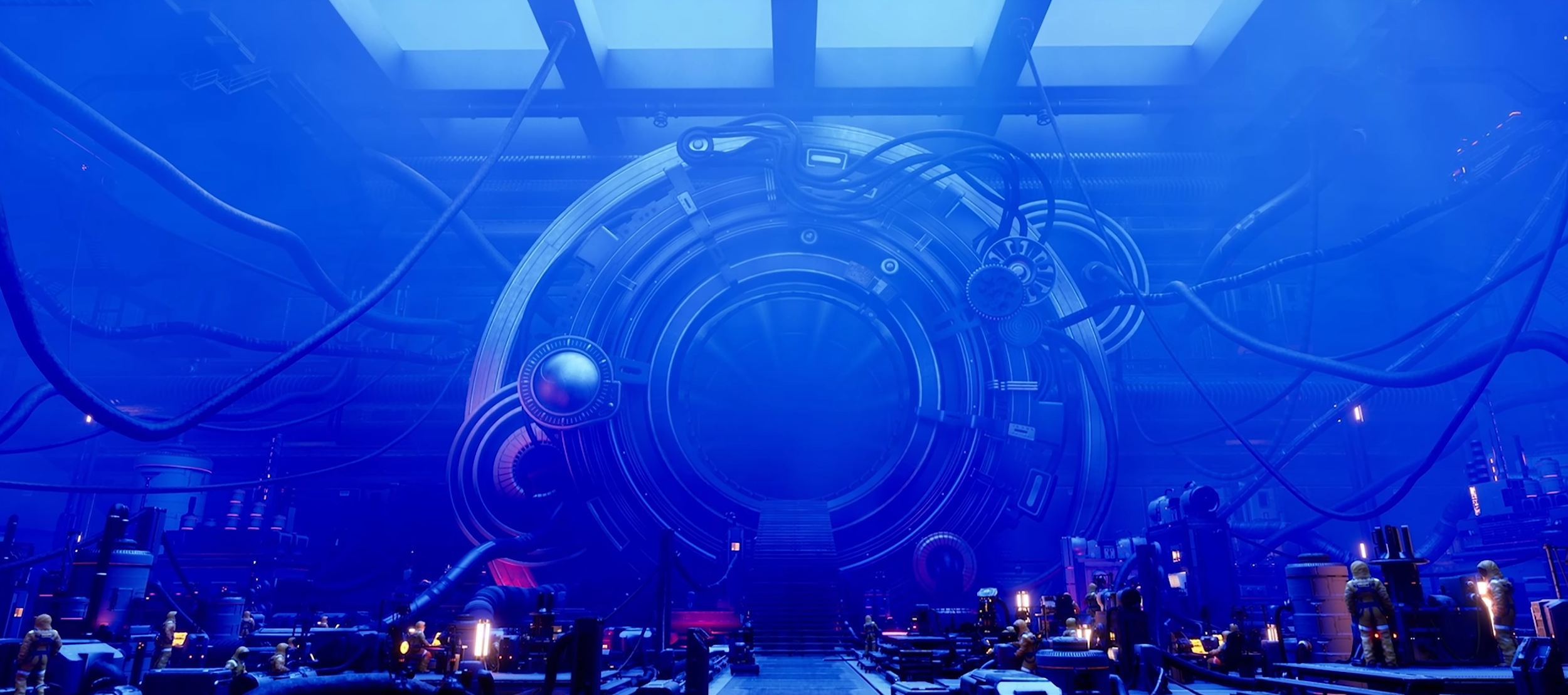 Large Sci-Fi portal device in a vast underwater research lab, lit by the deepwater caustic lighting. Rendered in Unreal 5.0 and assets modeled in Fusion 360, Substance Painter and Blender.
