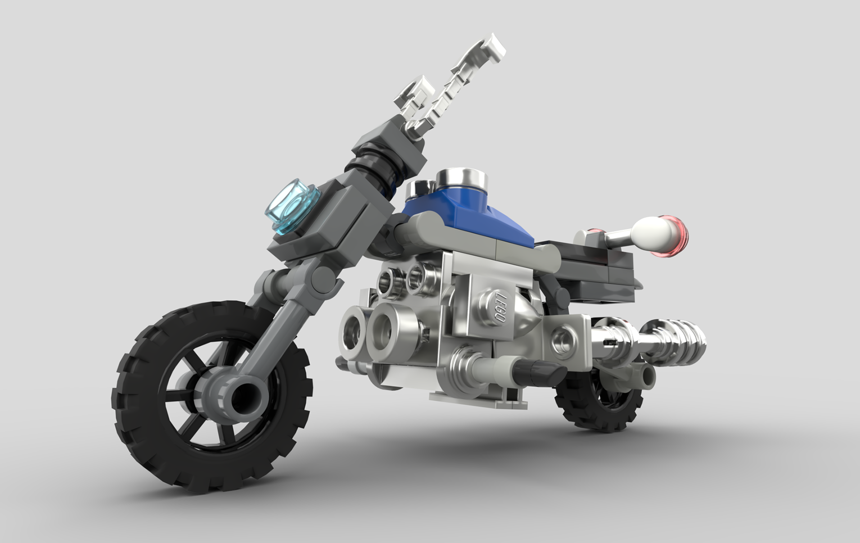 Concept rendering of a mini scale LEGO all-terrain motorcycle, blue, grey and chrome colors.  Created in Bricklink STUDIO 2.0. 