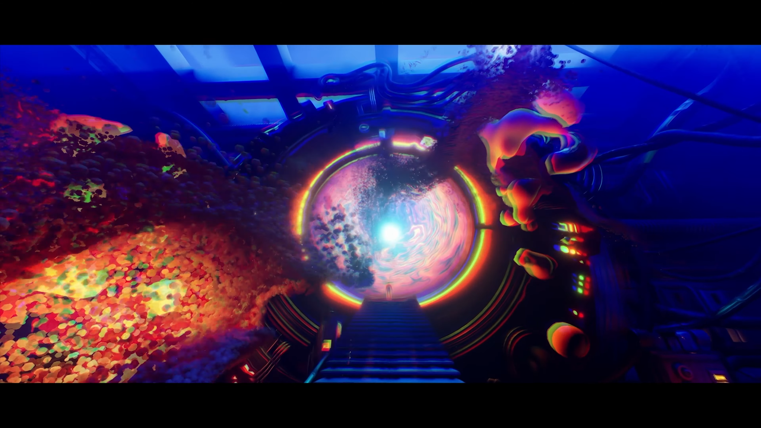Celedon Portal a large Sci-Fi portal device in a vast underwater research lab, lit by the deepwater caustic lighting, activated and spewing particles. Rendered and sequenced in Unreal 5.0 and assets modeled in Fusion 360, Substance Painter and Blende