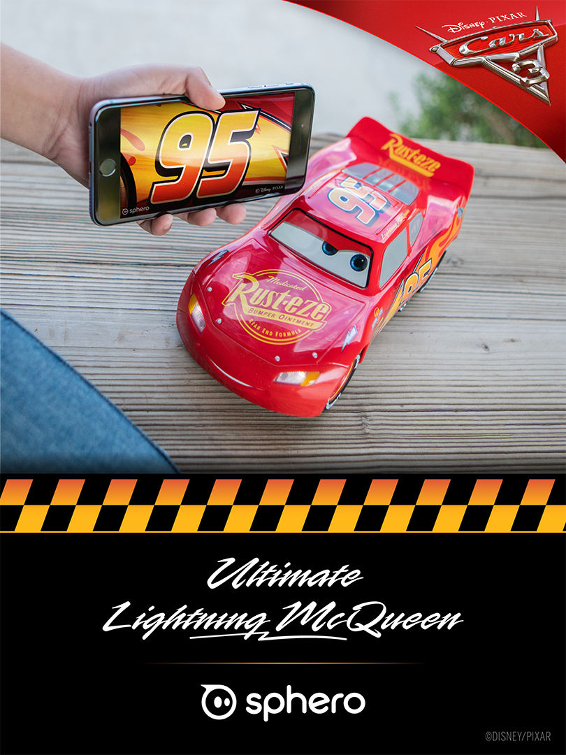 Close up image of the Lightning McQueen app with the robot in the background. App art created in Adobe and Fusion 360, for Sphero, Pixar and Disney.