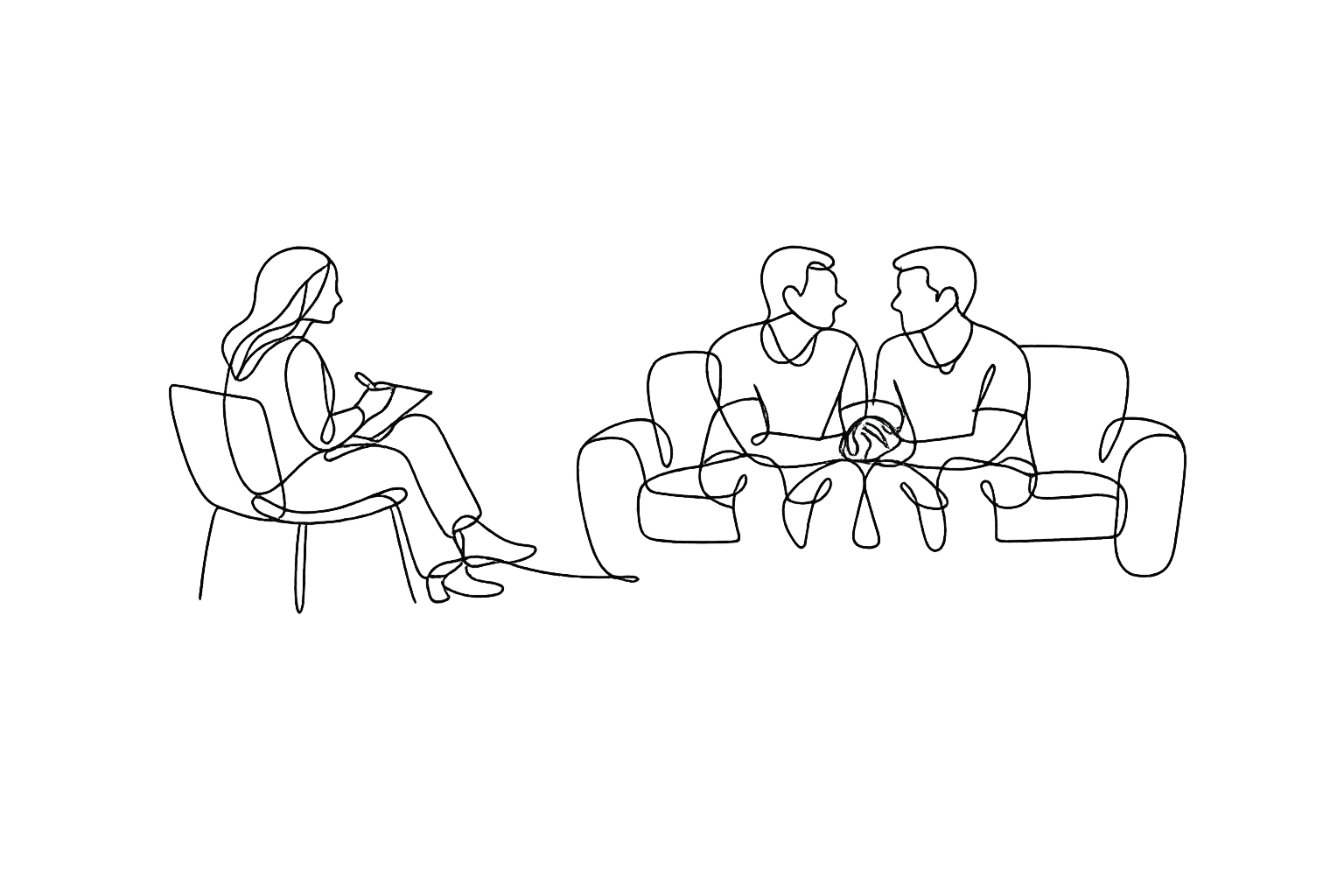 Line drawing of a woman taking notes and recording an interview with two men in a sitting room.
