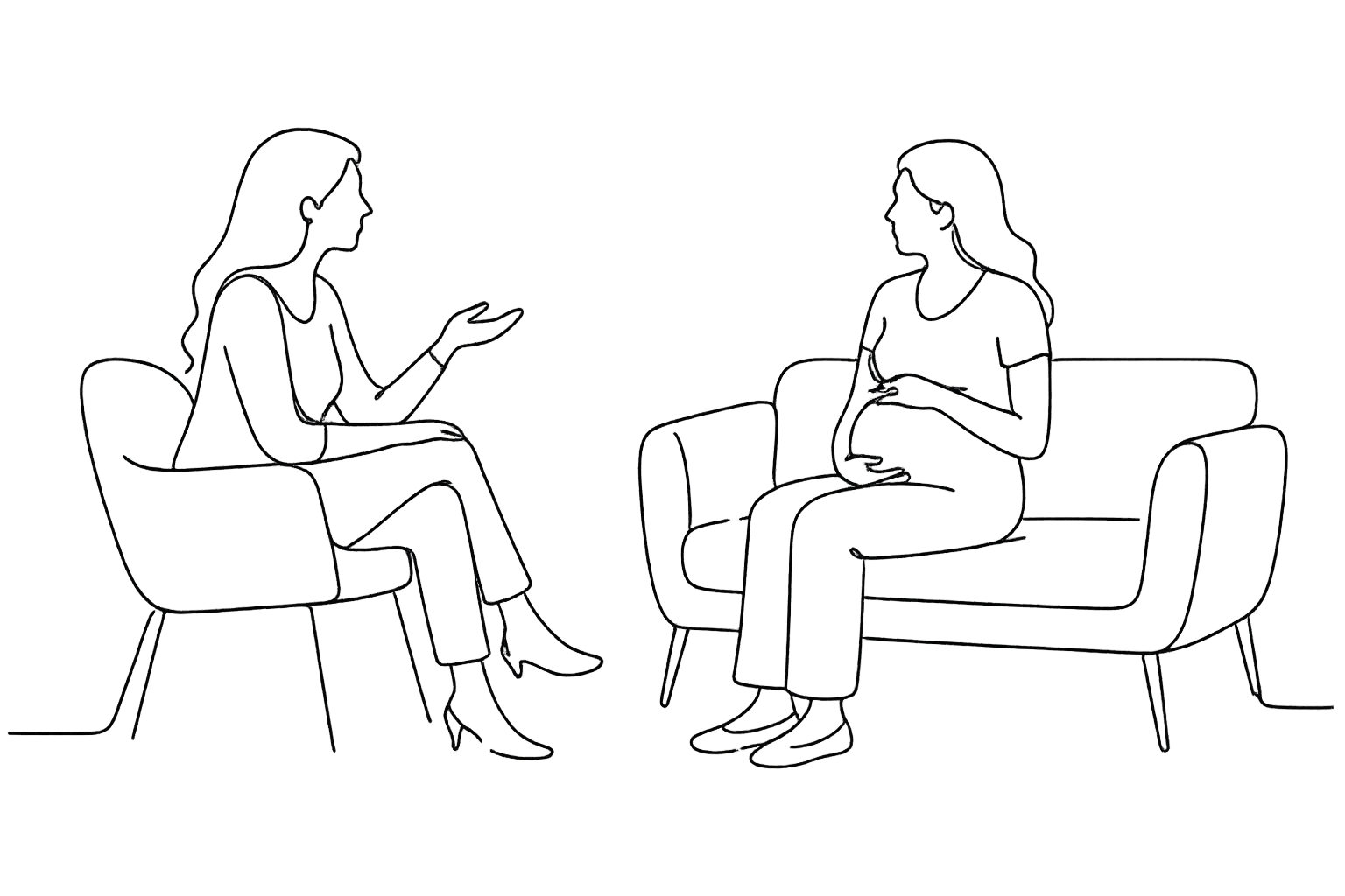 Line drawing of two women sitting and talking on chairs in a therapy or counseling session.