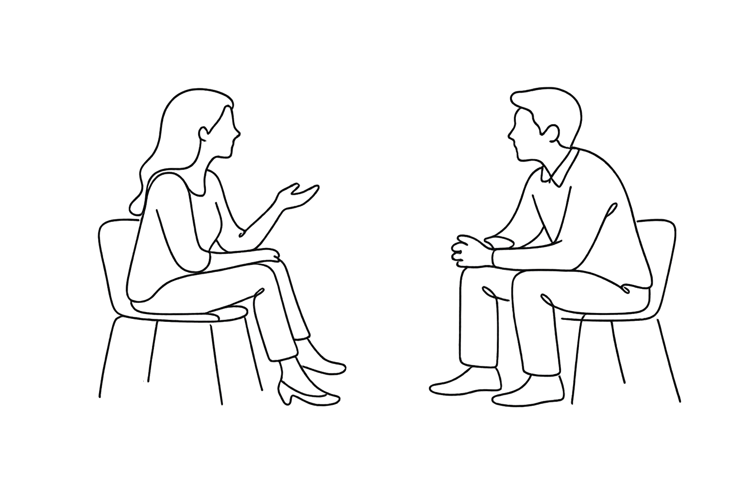 Line drawing of two people sitting on chairs facing each other, engaging in conversation indoors.
