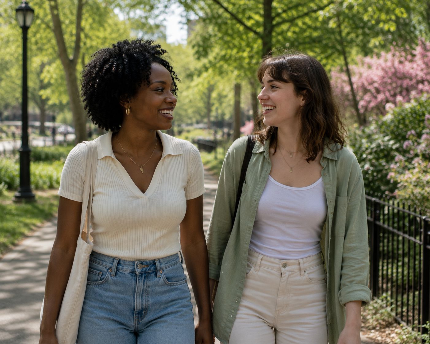 Two women walking and talking in a park, surrounded by green trees and pink flowering bushes.
