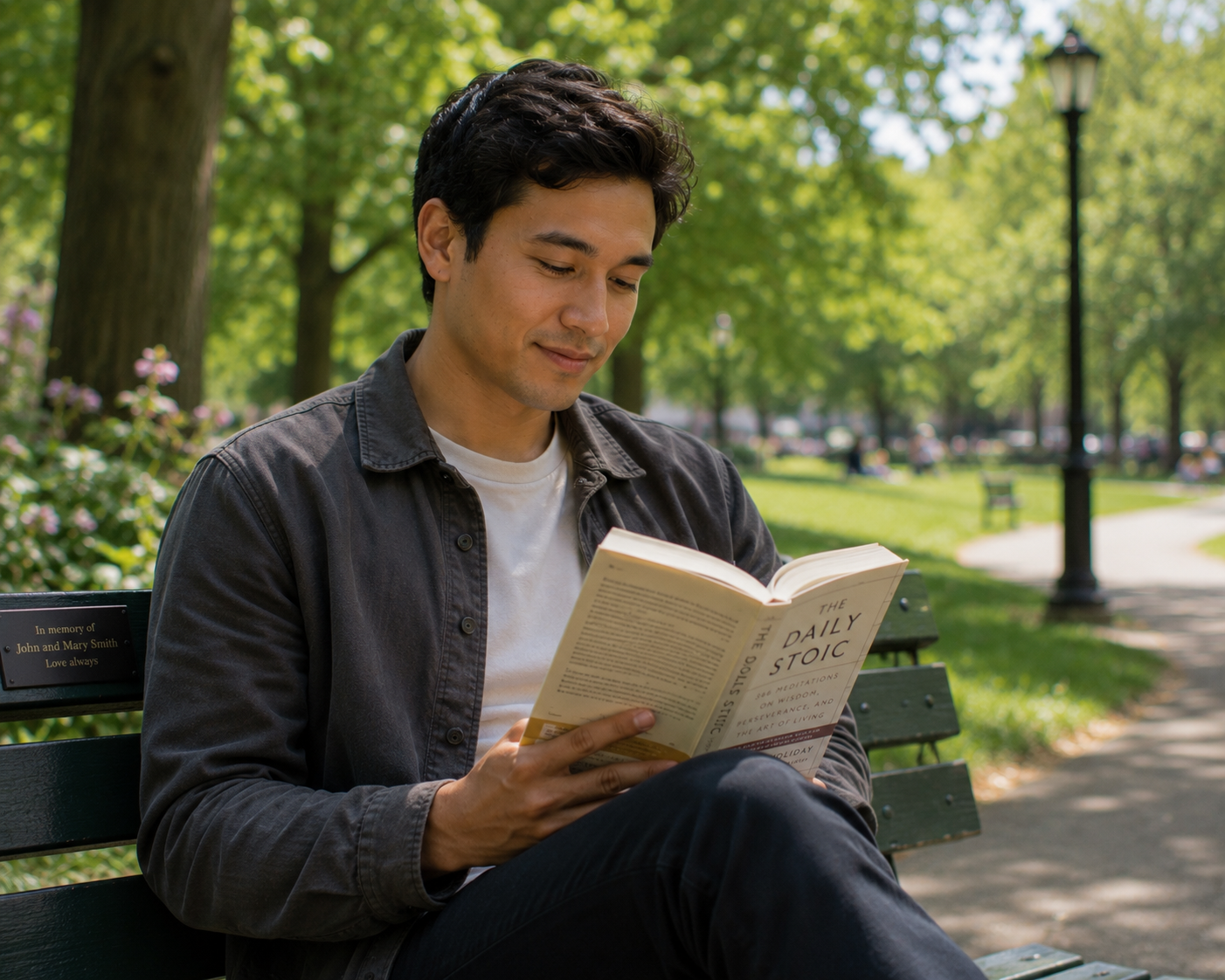 A young man with dark hair wearing a dark jacket and white T-shirt sitting on a park bench, reading a book titled "The Daily Stoic" surrounded by greenery and trees.