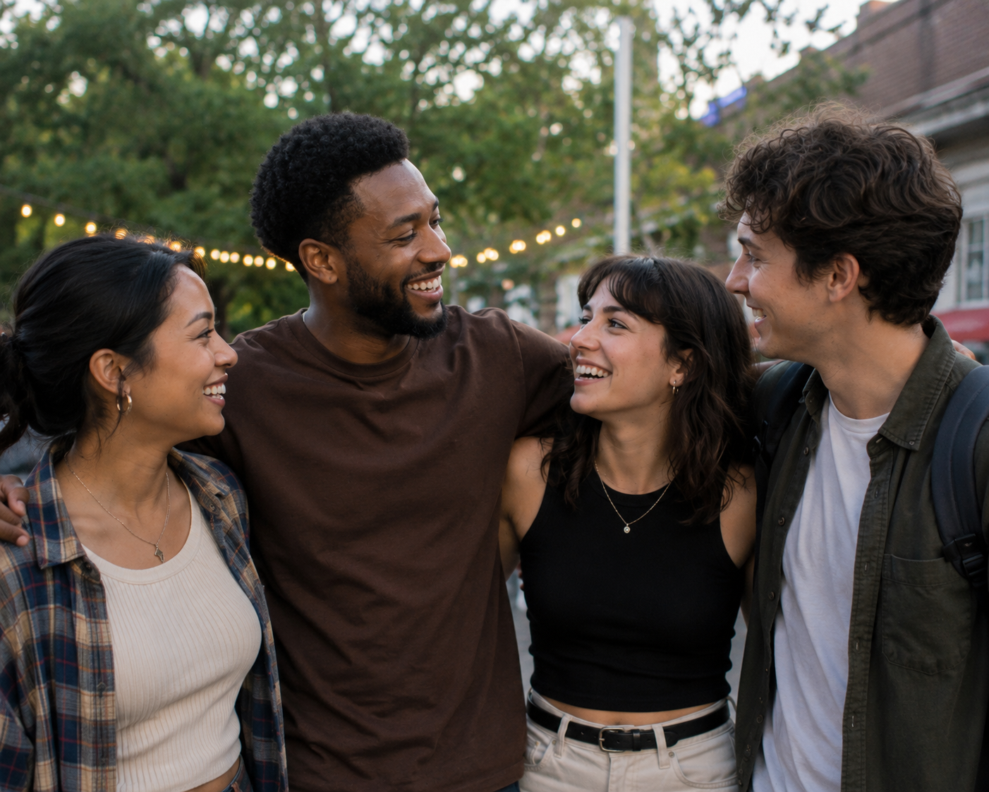 Group of five friends smiling and talking outdoors in a park or street with string lights and trees in the background.