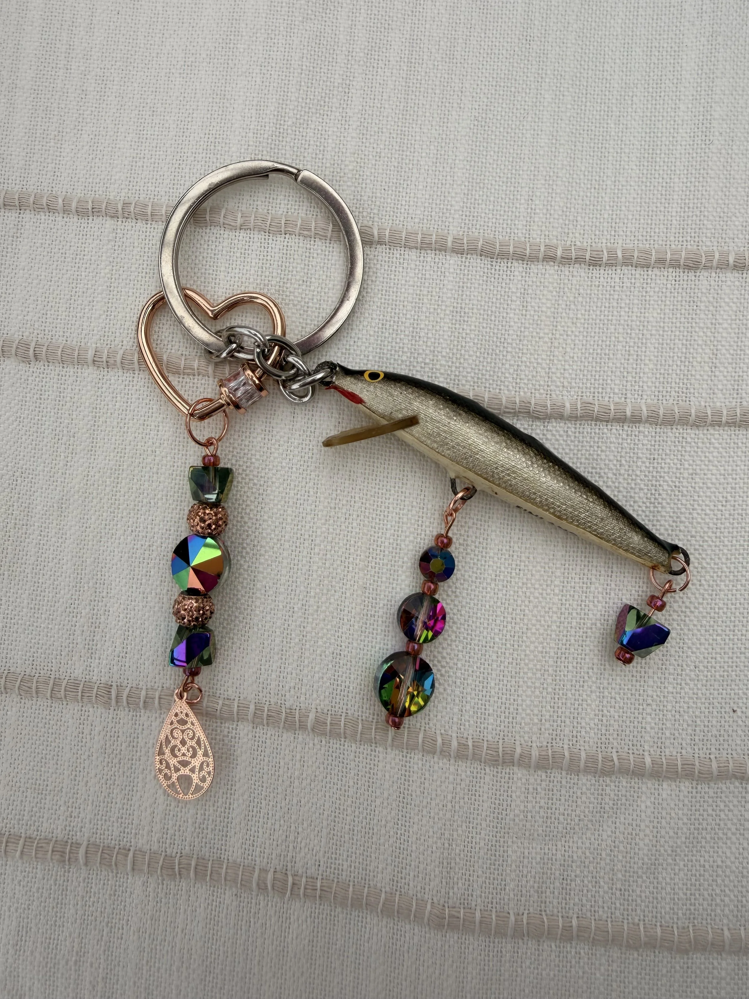 Jeweled Rose Gold Fishing Lure Key Chain