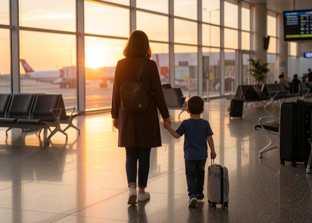 Una mujer y un niño caminando por el aeropuerto sosteniéndose de la mano, con maletas, durante el atardecer.