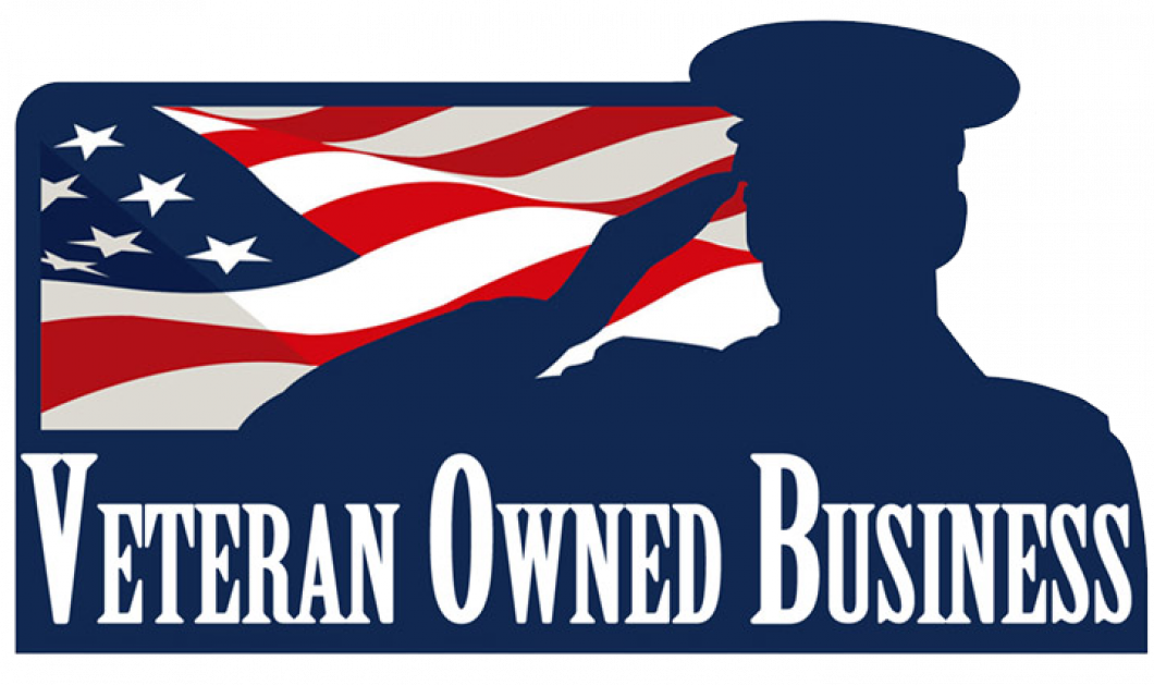 Silhouette of a saluting soldier with an American flag in background, and the text "Veteran Owned Business" overlayed.
